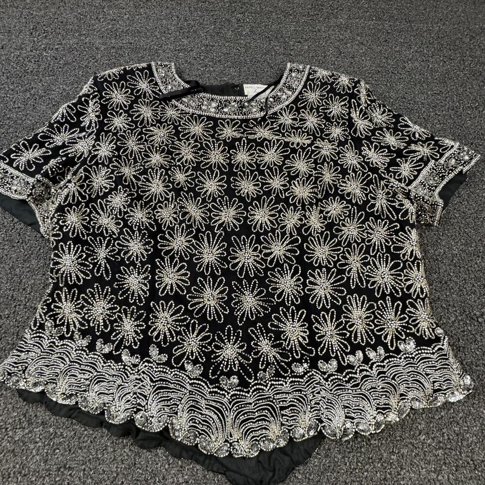 Vtg Papell Boutique Blouse Womens 3X Black Beaded Embroidered Tunic Silk Lined